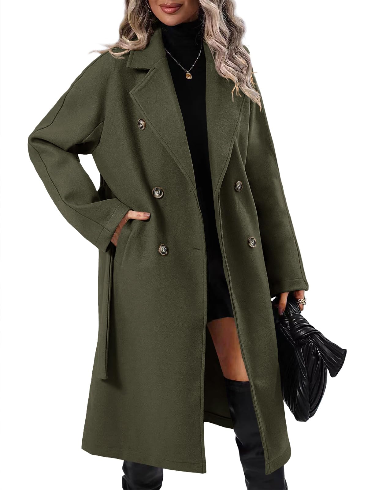 Danedvi Women Elegant Wool Pea Coat Lapel Collar Double Breasted Mid-Long Winter Overcoats with Belted Pockets